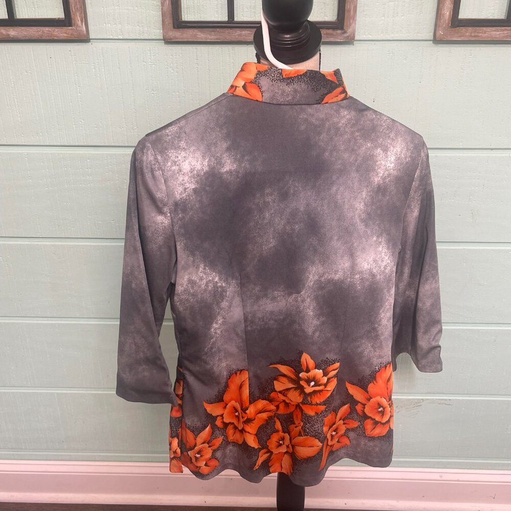 Vintage Gray & Orange Floral Satin Top